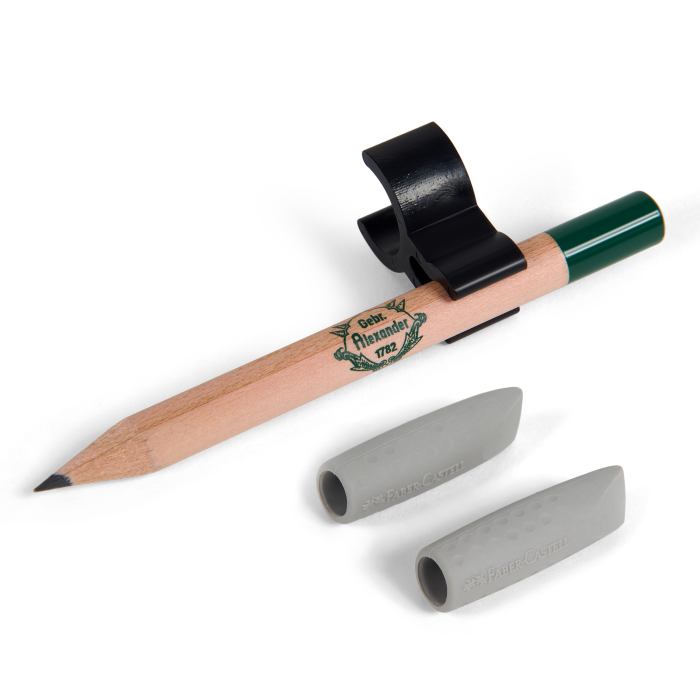 Pencil holder with pencil and erasers
